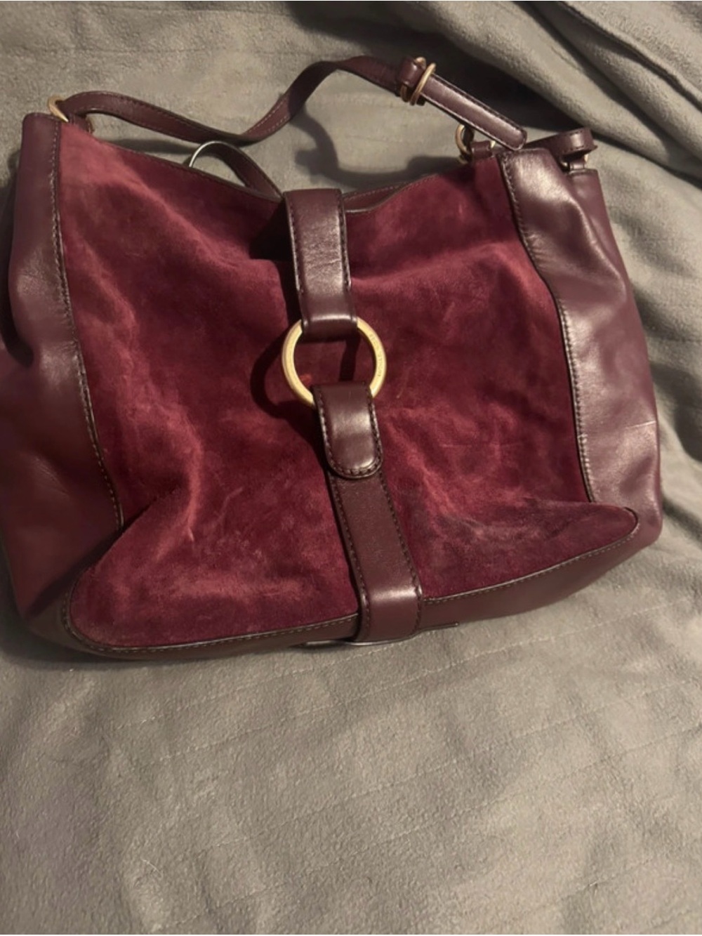 Michael Kors Burgundy Suede & Leather Shoulder Hobo with Gold Ring